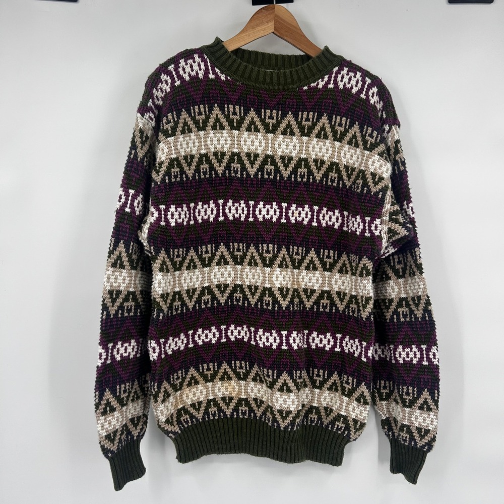 Vintage‎ UNIONBAY Men's Size L Fair Isle Knit Sweater Green Purple Geo Pattern
